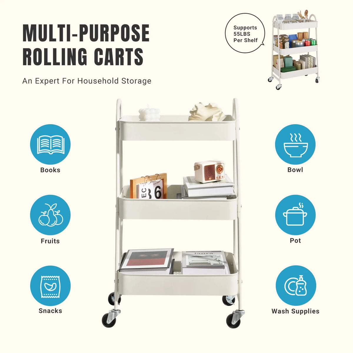 A white multi-purpose rolling cart with three tiers used for household storage like books, fruits, snacks, and wash supplies.