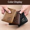 A hand holds a brown leather wallet and a black leather wallet displaying color display.