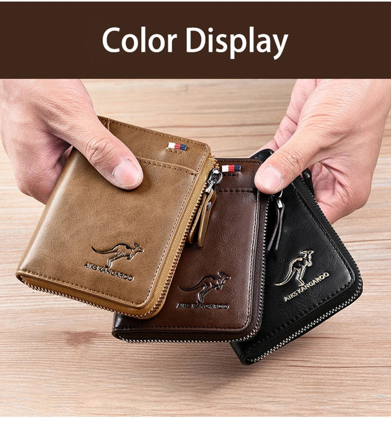 A hand holds a brown leather wallet and a black leather wallet displaying color display.