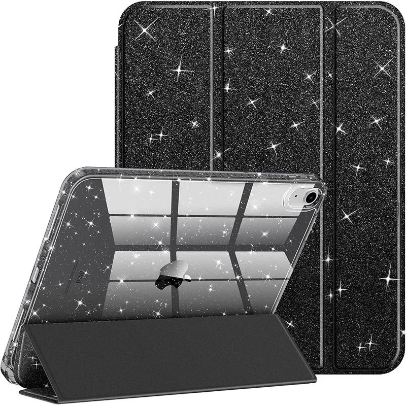 Coque protectrice pailletée pour iPad, montrée avec une housse séparée et un panneau d'affichage.