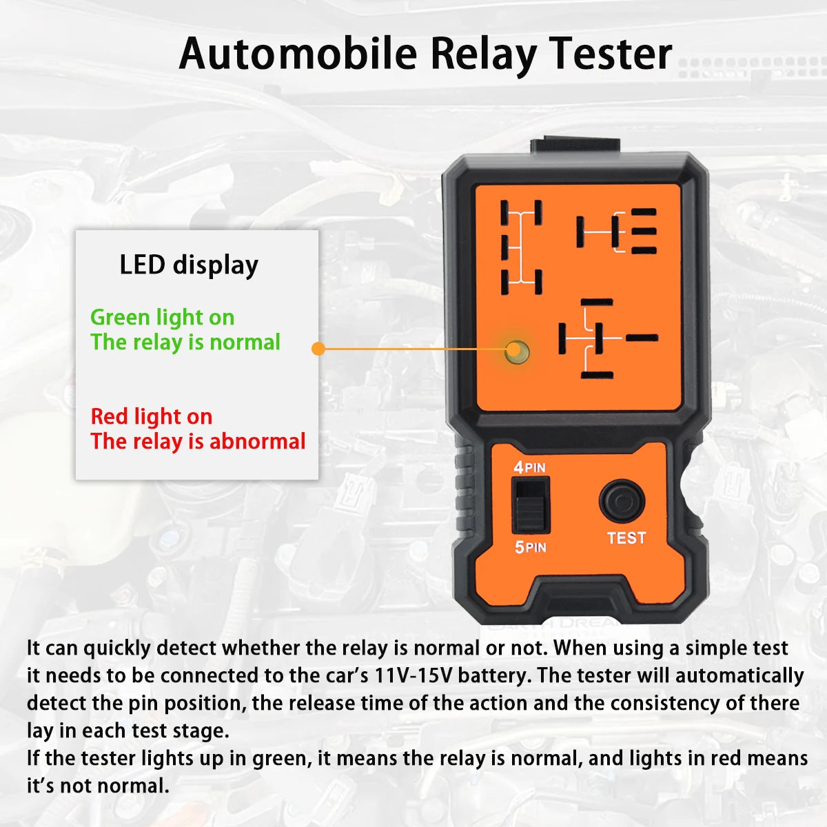 An automobile relay tester device with an LED display showing green for normal and red for abnormal relay status.