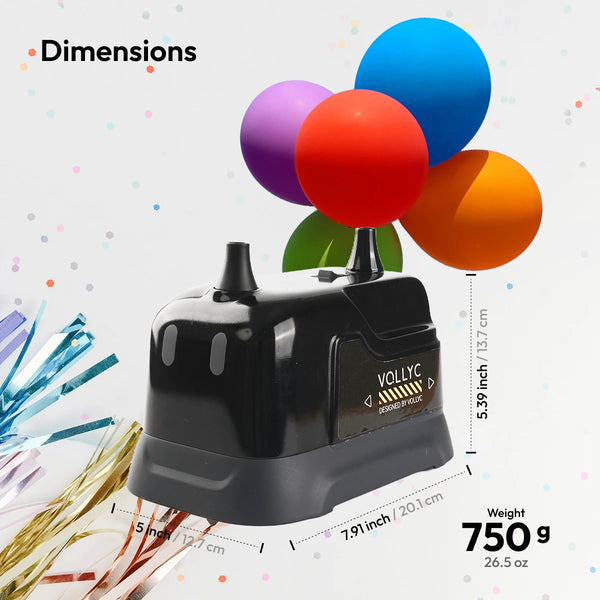Pompe gonflable électrique noire avec des ballons de différentes couleurs flottant au-dessus.