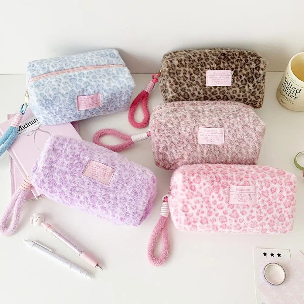 Leopard Print Plush Makeup Bag with Carry Handle