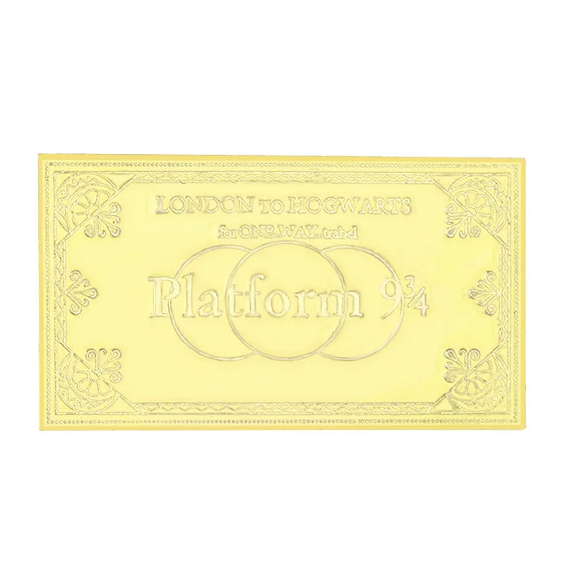 A vintage gold-colored enamel ticket featuring the text London to Hogwarts for GNRWAY Ltd and Platform 9 3/4