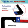 A close-up view of a black license plate frame featuring the Texas flag design with a white star and red, white, and blue str