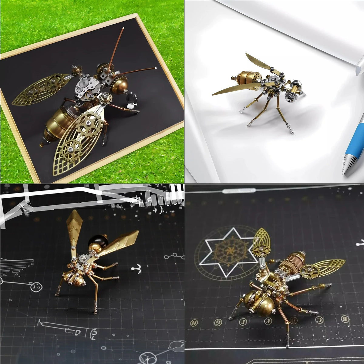 A durable metal insect puzzle decor shown in various views on a green background and white surface.