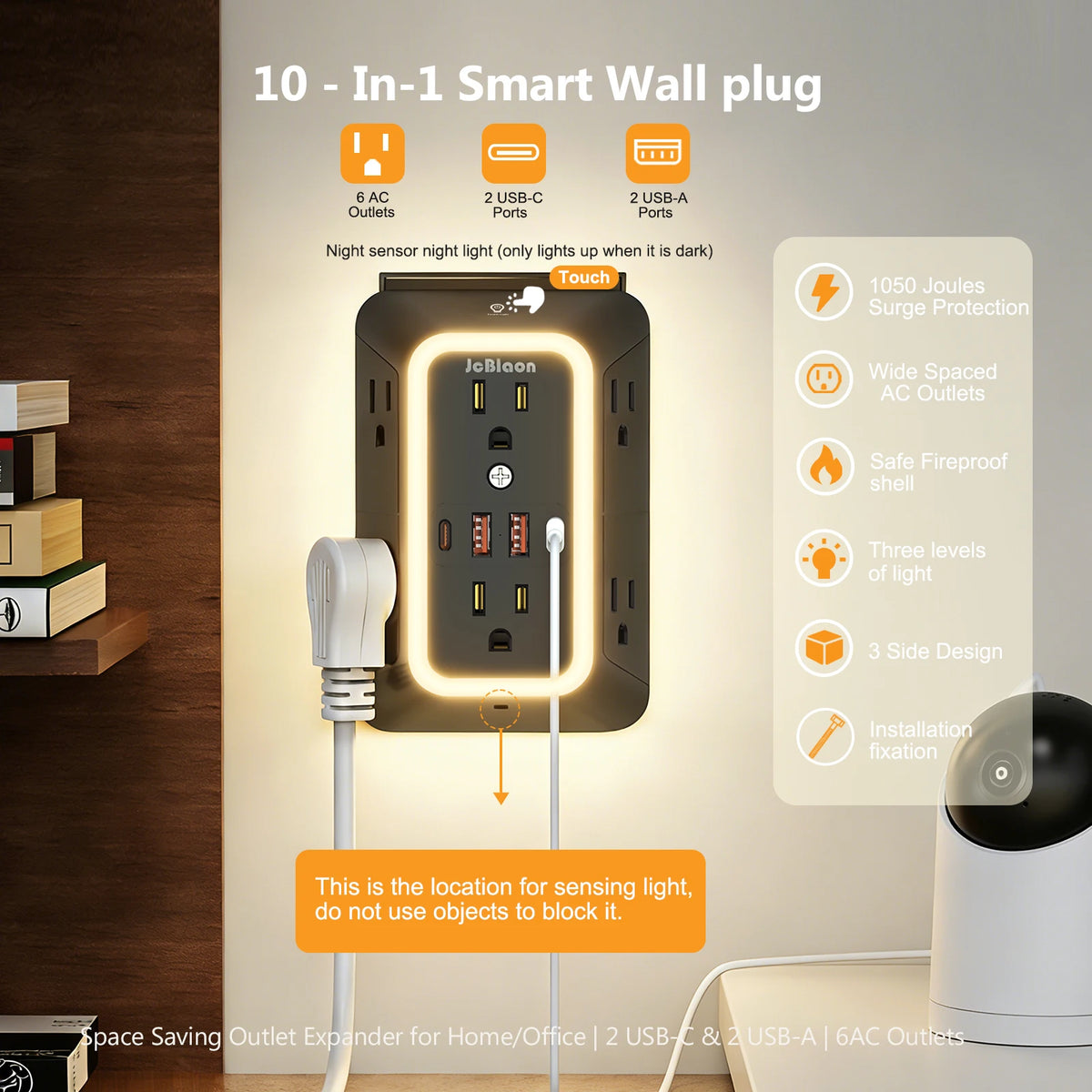 A beige smart wall plug with 6 AC outlets, 4 USB ports, and a night light installed on a wall.