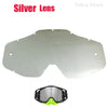 Silver lens motorcycle goggles with a black frame shown alongside the lens component.