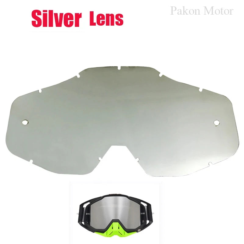 Silver lens motorcycle goggles with a black frame shown alongside the lens component.