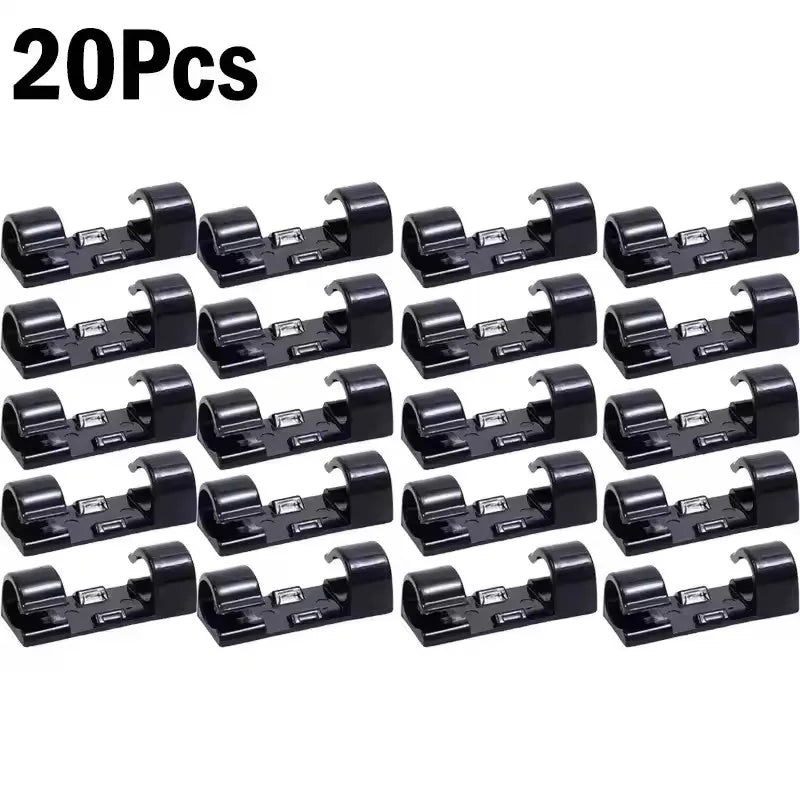 A set of 20 self-adhesive cable clips designed for wire management.