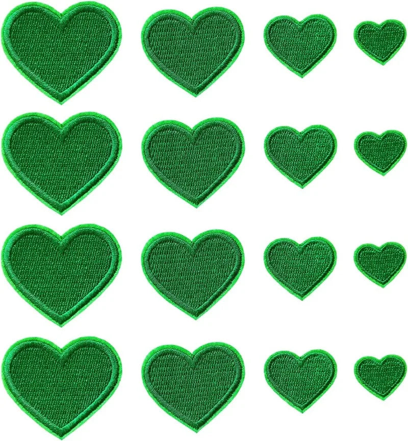A collection of twenty-four green embroidered heart iron-on patches.