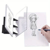 An optical tracing board with a digital screen and a transparent overlay is shown next to a hand drawing on paper.