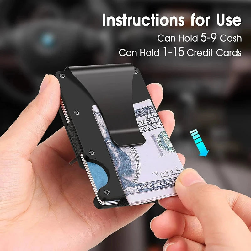 A hand holds a black slim RFID-blocking aluminum wallet with a money clip displaying US currency and credit cards.