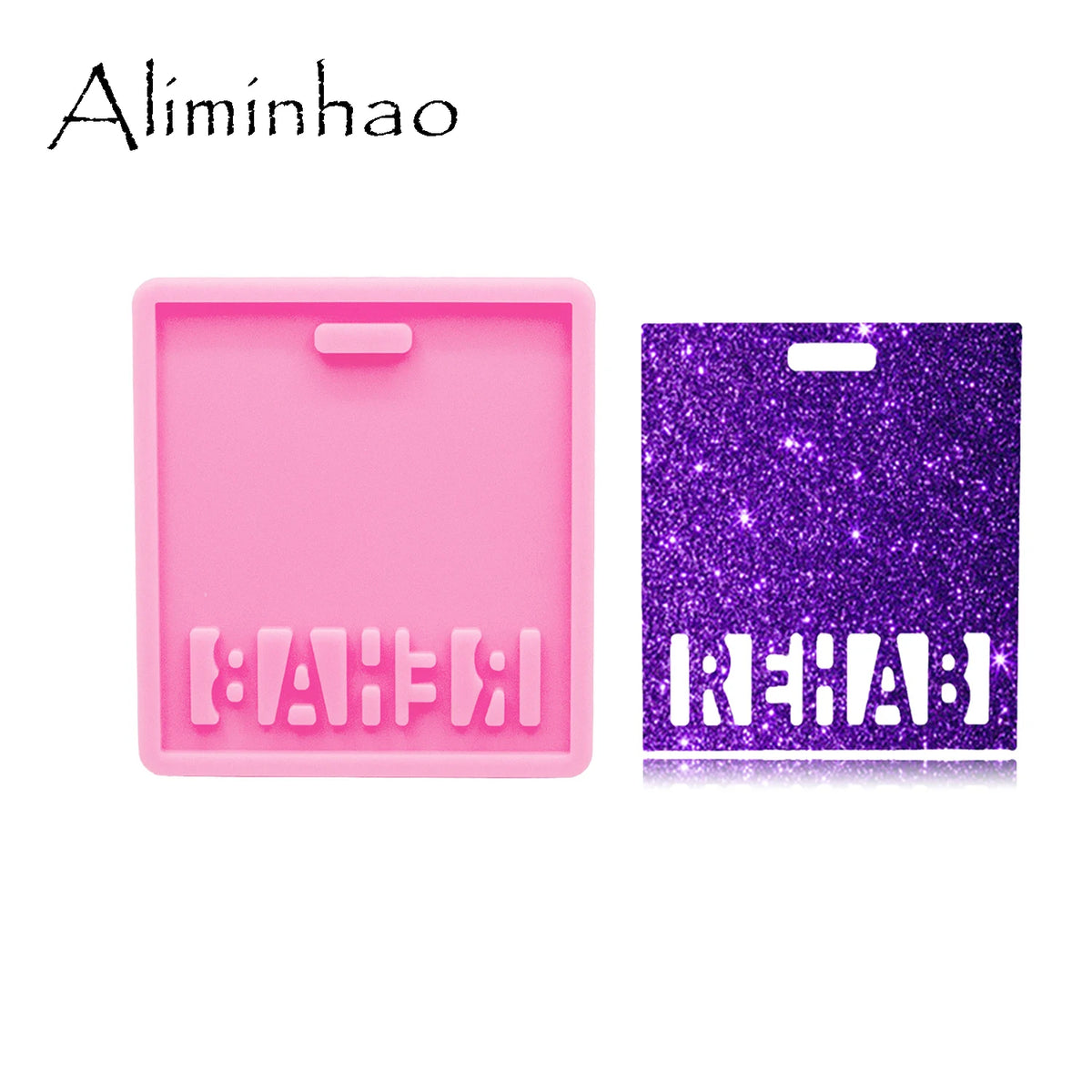 A pink silicone resin mold with the word ALIMINHAO molded into it, next to a purple glitter mold.
