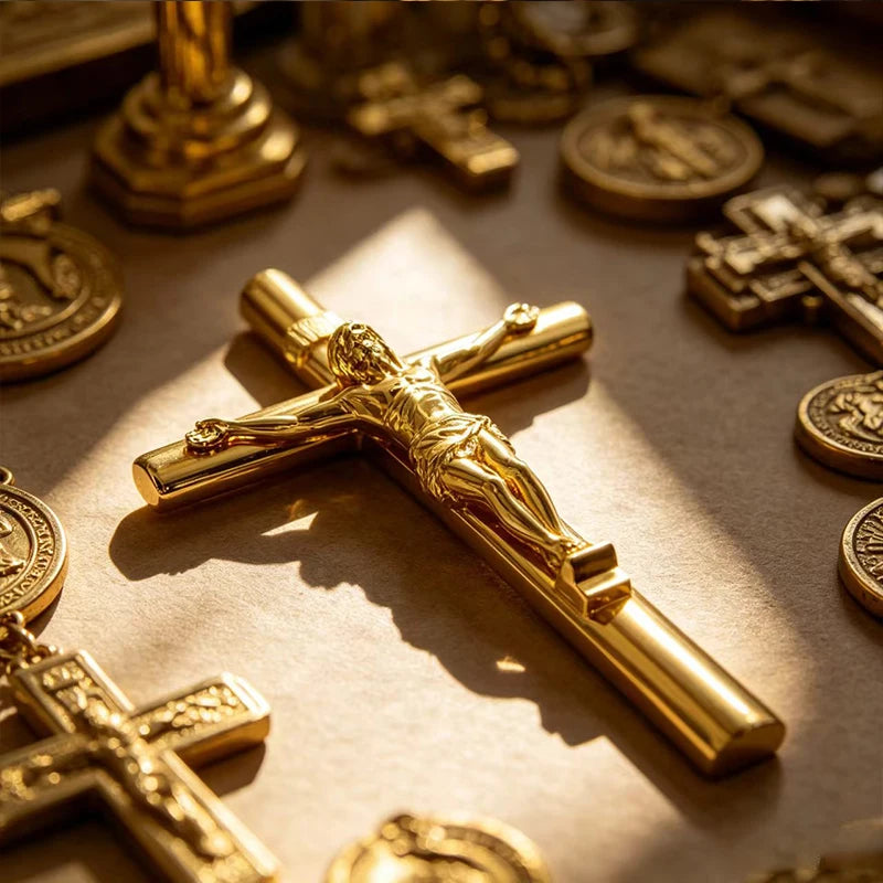 A close-up of a gold crucifix pen set featuring an INRI Jesus cross writing instrument on a brown surface.