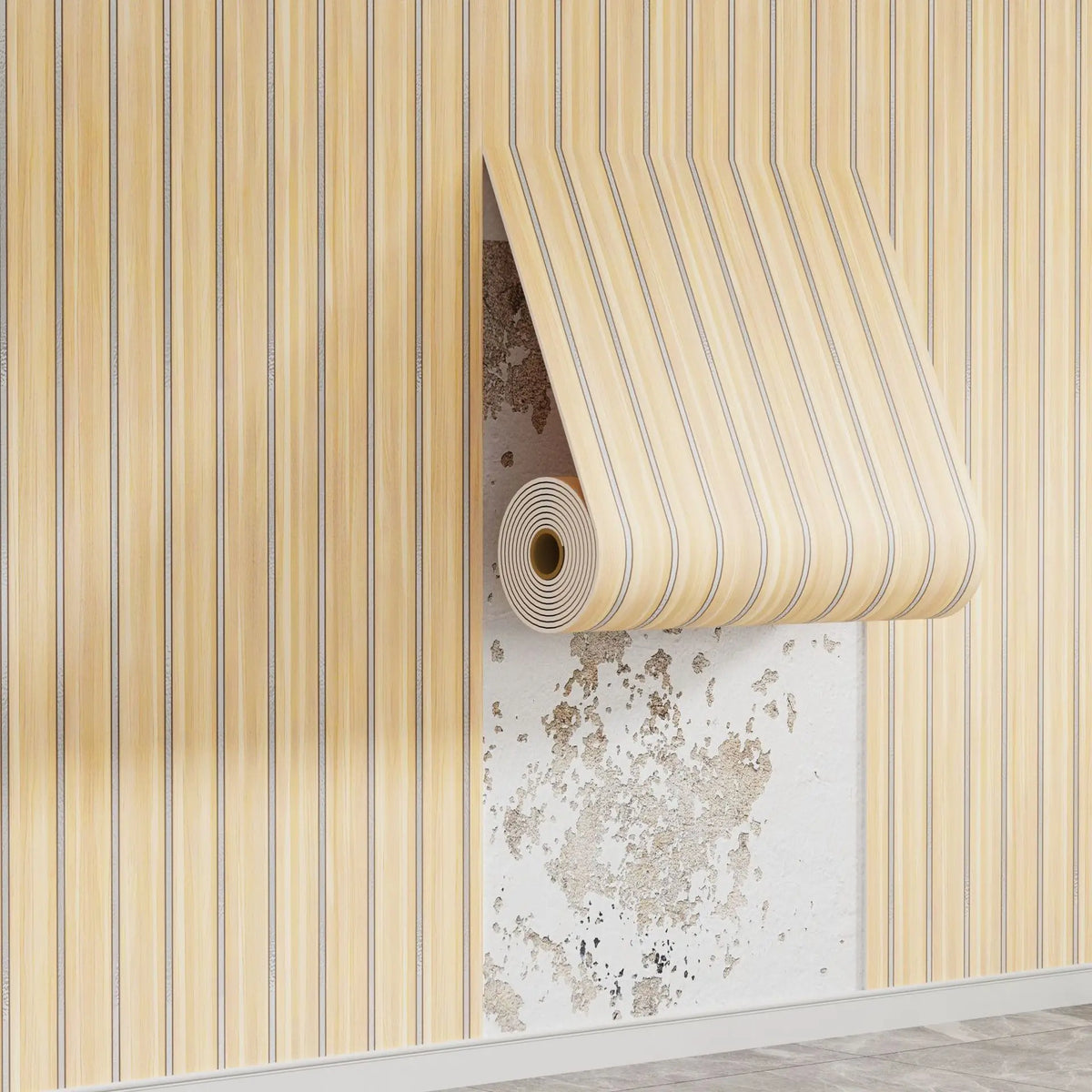 Roll of wood grain peel-and-stick wallpaper featuring vertical stripes in beige and white tones.