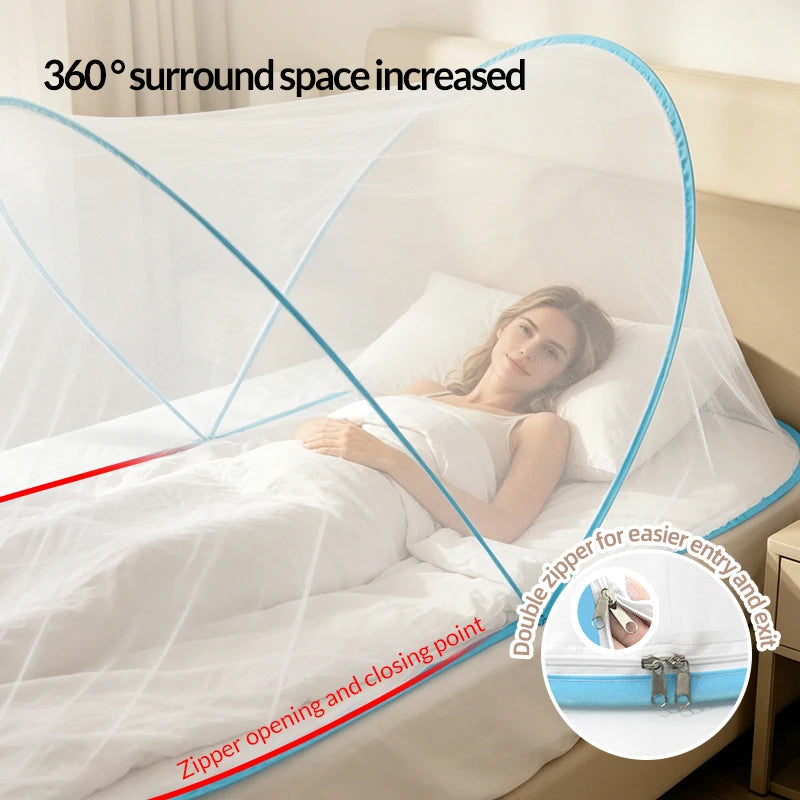 A white mosquito net with a clear dome shape is shown covering a bed, demonstrating 360 degree surround space and double zipp