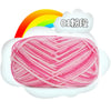 Pink milk cotton blend yarn skein with a rainbow background.