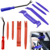 A set of purple and orange car trim removal tools and a storage bag shown with various tools and a close-up of the tools bein
