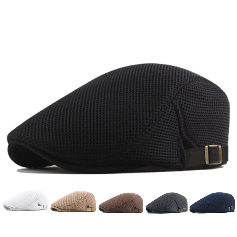 A set of five men's breathable mesh newsboy caps in white, tan, brown, black, and navy blue.