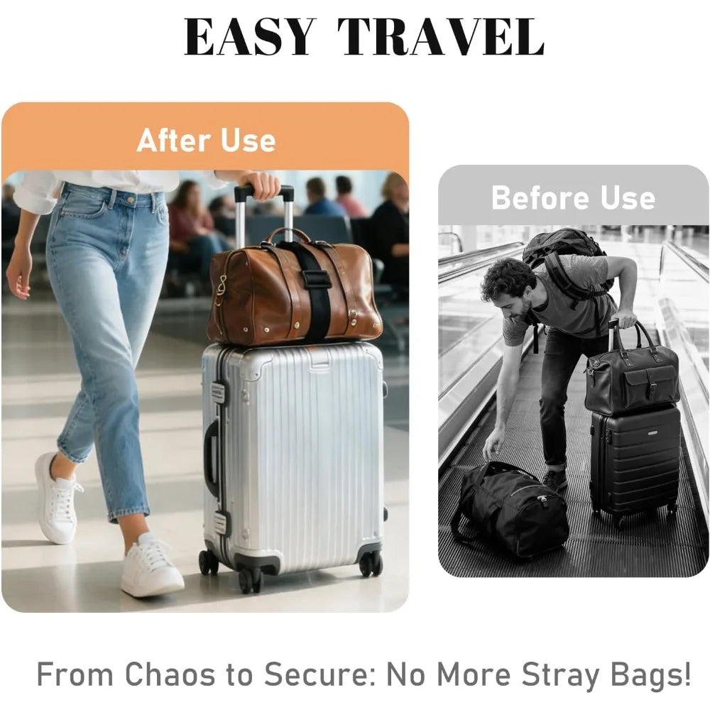 Two silver luggage pieces are shown with brown leather straps, illustrating easy travel after use.
