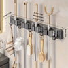 Wall-mounted metal holder for mop and broom with detachable hooks and adjustable rods
