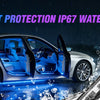 A silver car interior is shown with blue LED lighting, demonstrating sealant protection IP67 waterproof features.