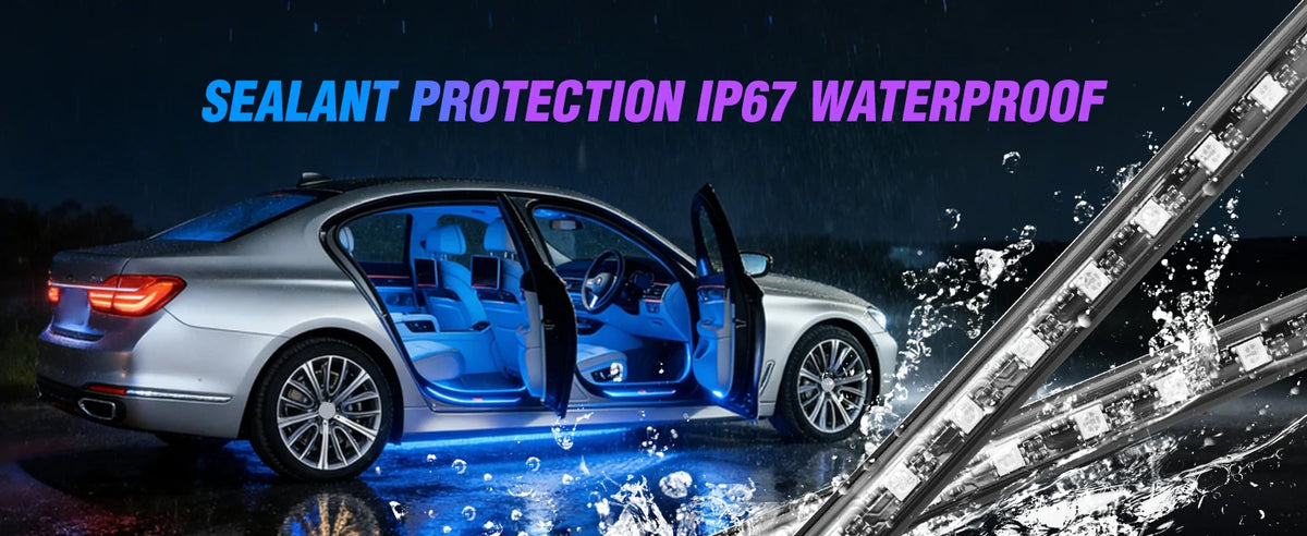 A silver car interior is shown with blue LED lighting, demonstrating sealant protection IP67 waterproof features.
