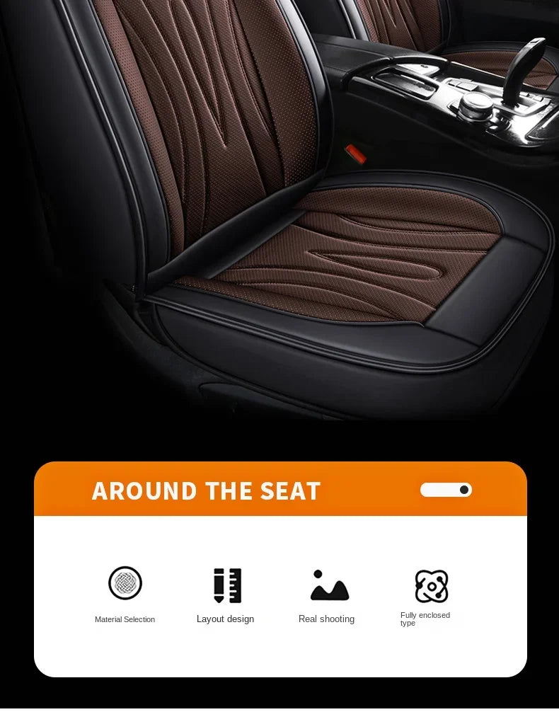 Close-up view of a black car seat with brown quilted PU leather covers, showing the seat texture and stitching.