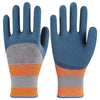 Pair of blue gardening gloves with orange and gray grips for handling plants