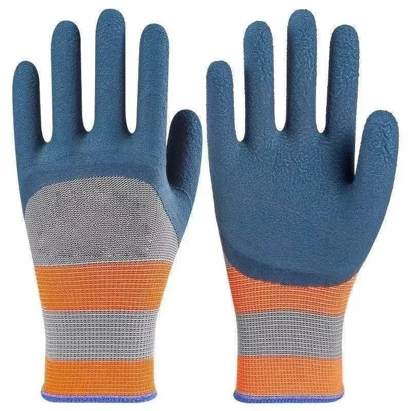 Pair of blue gardening gloves with orange and gray grips for handling plants