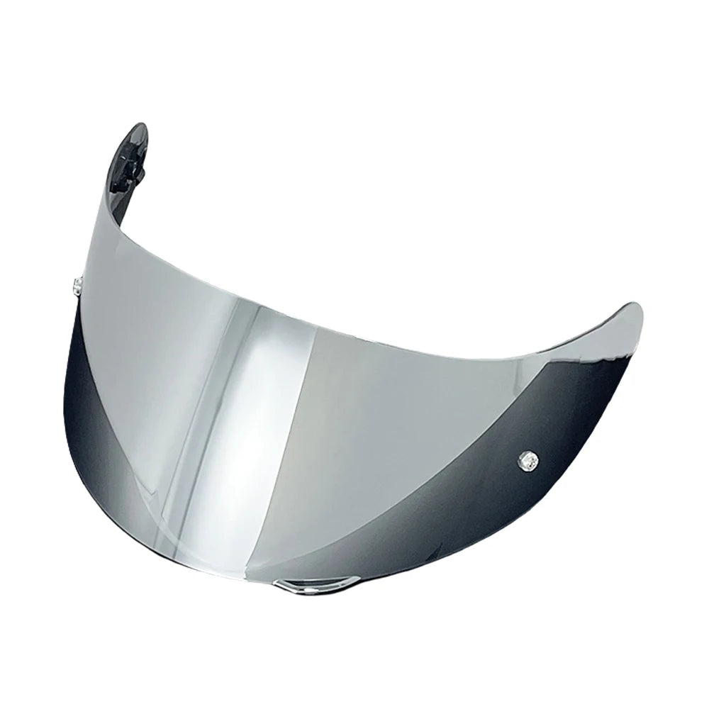 A silver replacement helmet visor with an anti-fog coating shown from a slight angle.
