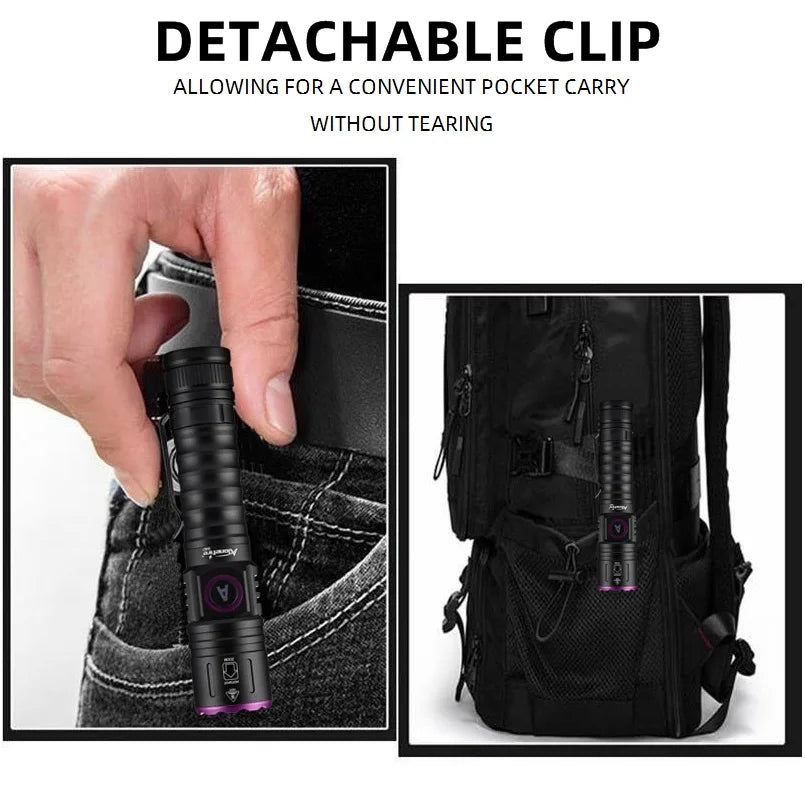 A detachable clip of a rechargeable 365nm UV flashlight shown being carried in a pocket.
