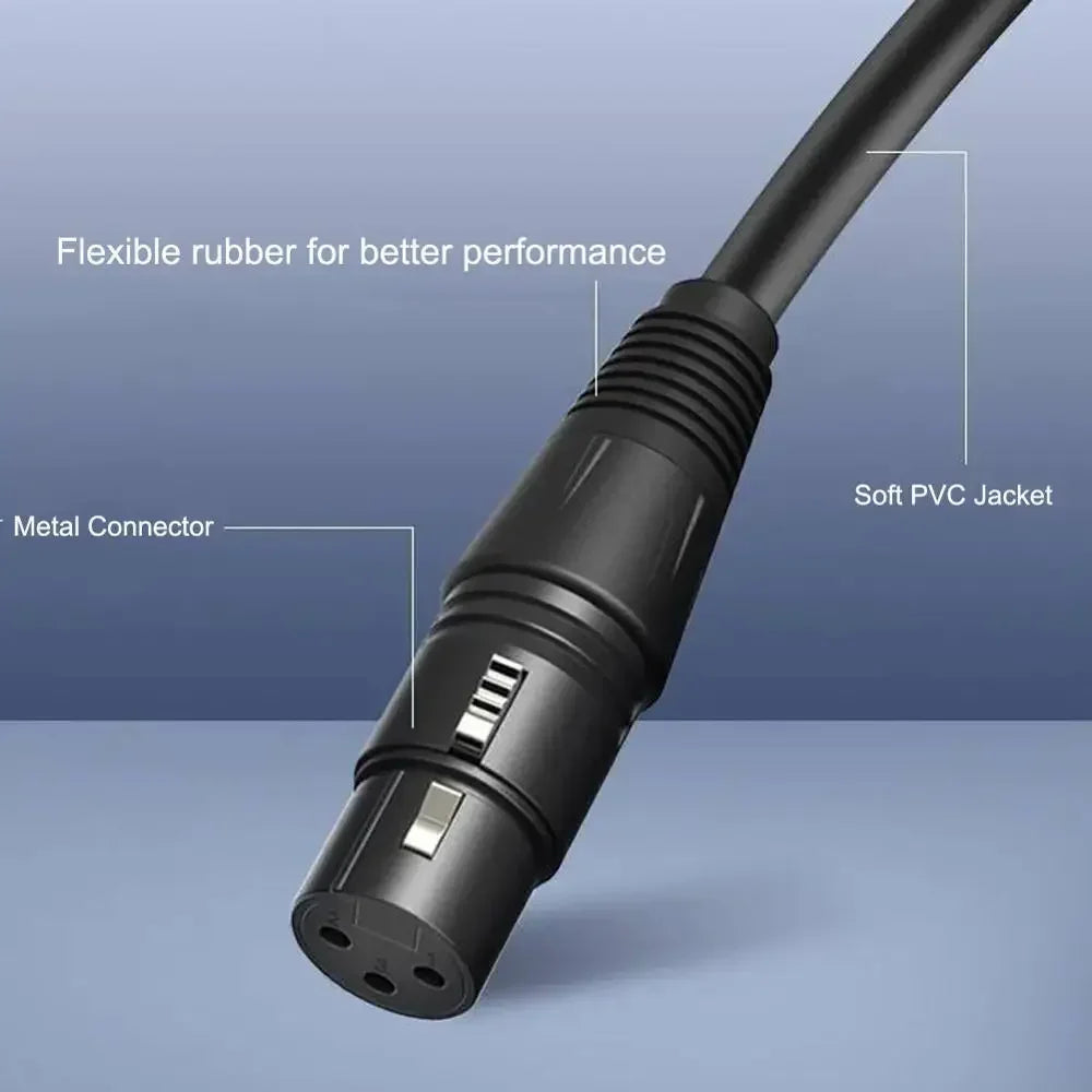 Cable de audio profesional negro de 3 pines XLR con cubierta de goma flexible y conector metálico.