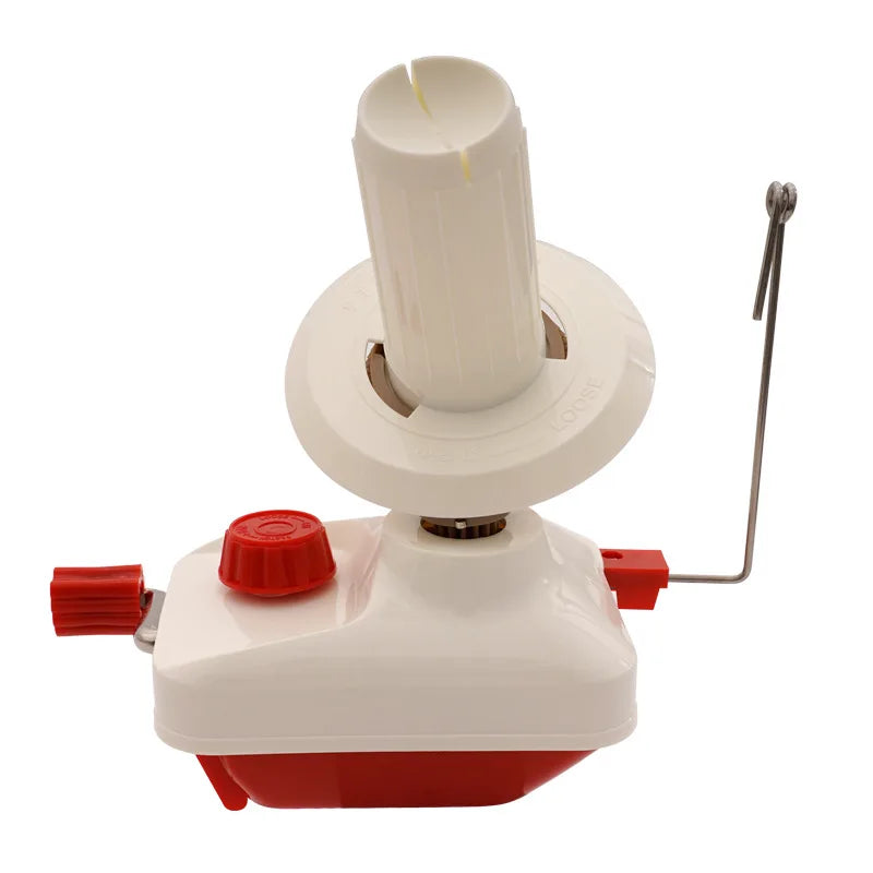A white hand-operated yarn ball winder device with a red base and a metal rod.