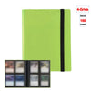 A lime green 4-Grid binder album holds 160 cards, shown closed and open displaying card slots.