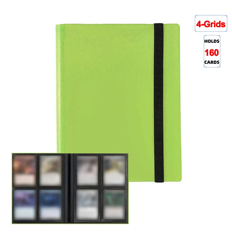 A lime green 4-Grid binder album holds 160 cards, shown closed and open displaying card slots.