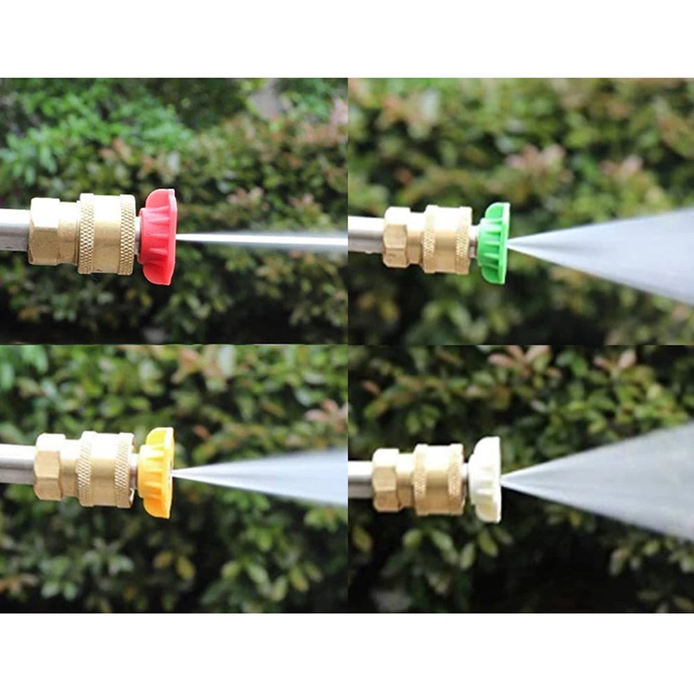 A set of quick-connect pressure washer nozzles showing different spray angles in red, green, and yellow.