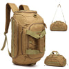 A tan tactical gym backpack with a shoe compartment and adjustable straps shown in various views.