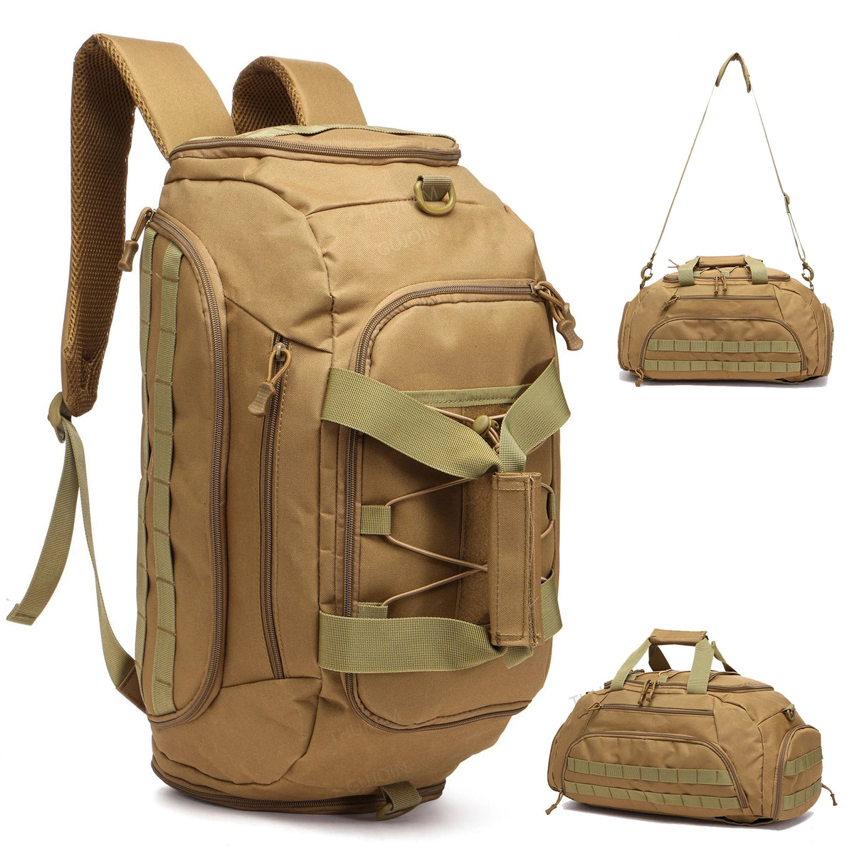 A tan tactical gym backpack with a shoe compartment and adjustable straps shown in various views.
