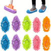 Five pairs of reusable microfiber mop slippers in various colors including blue, purple, lime green, pink, and orange.