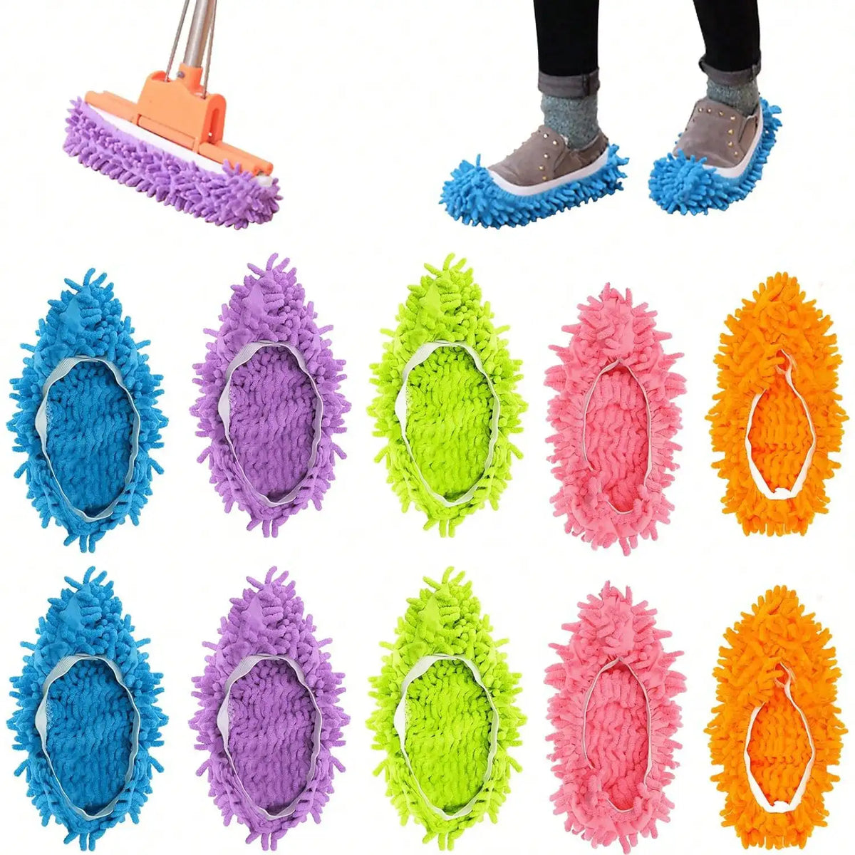 Five pairs of reusable microfiber mop slippers in various colors including blue, purple, lime green, pink, and orange.