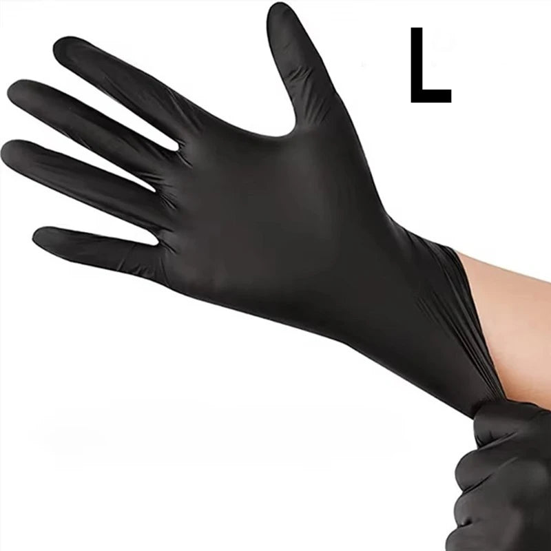 A hand wearing a black disposable nitrile glove, shown from the fingers to the wrist.