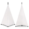 A white universal stretchable speaker stand cover shown in a triangular shape with a metal rod top.