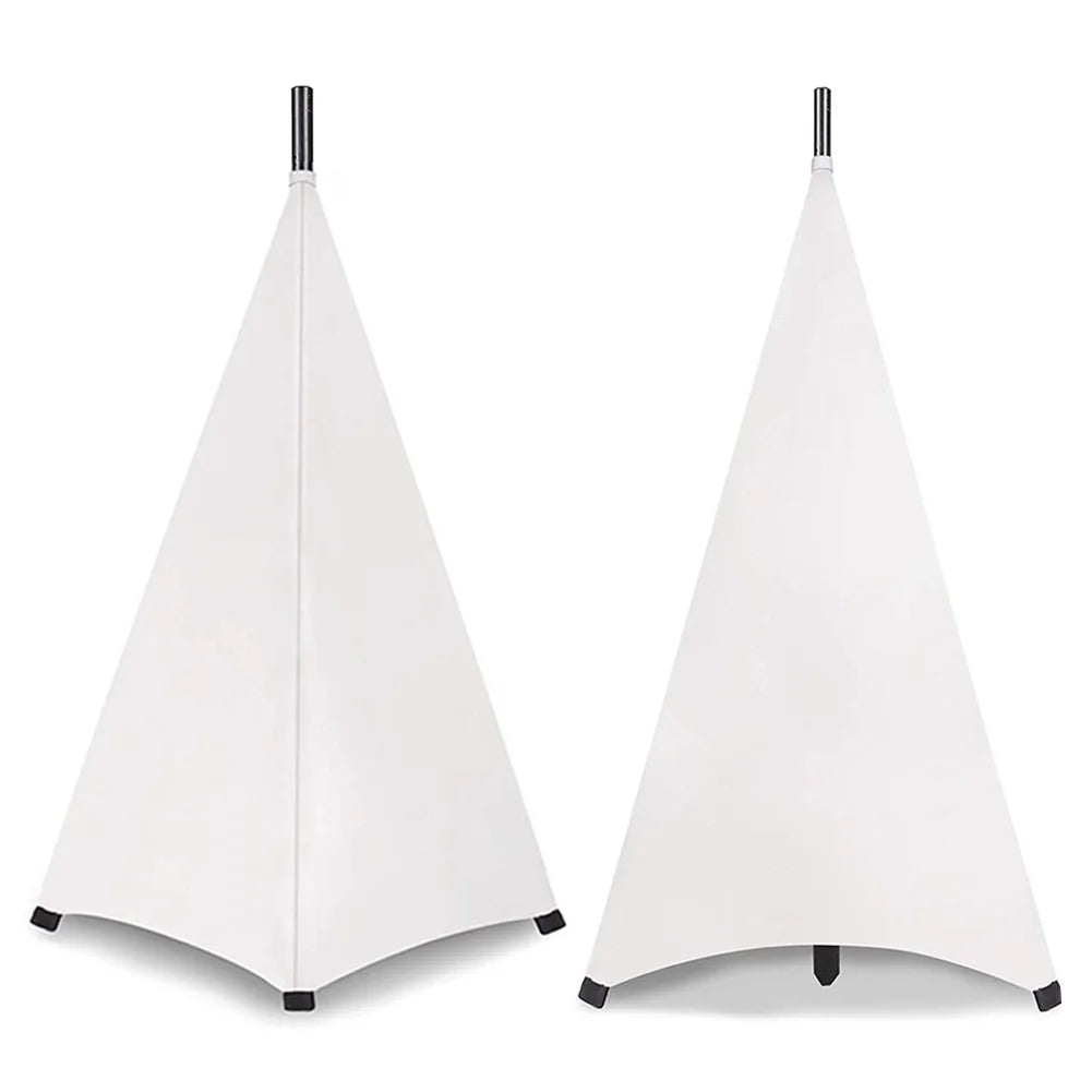 A white universal stretchable speaker stand cover shown in a triangular shape with a metal rod top.