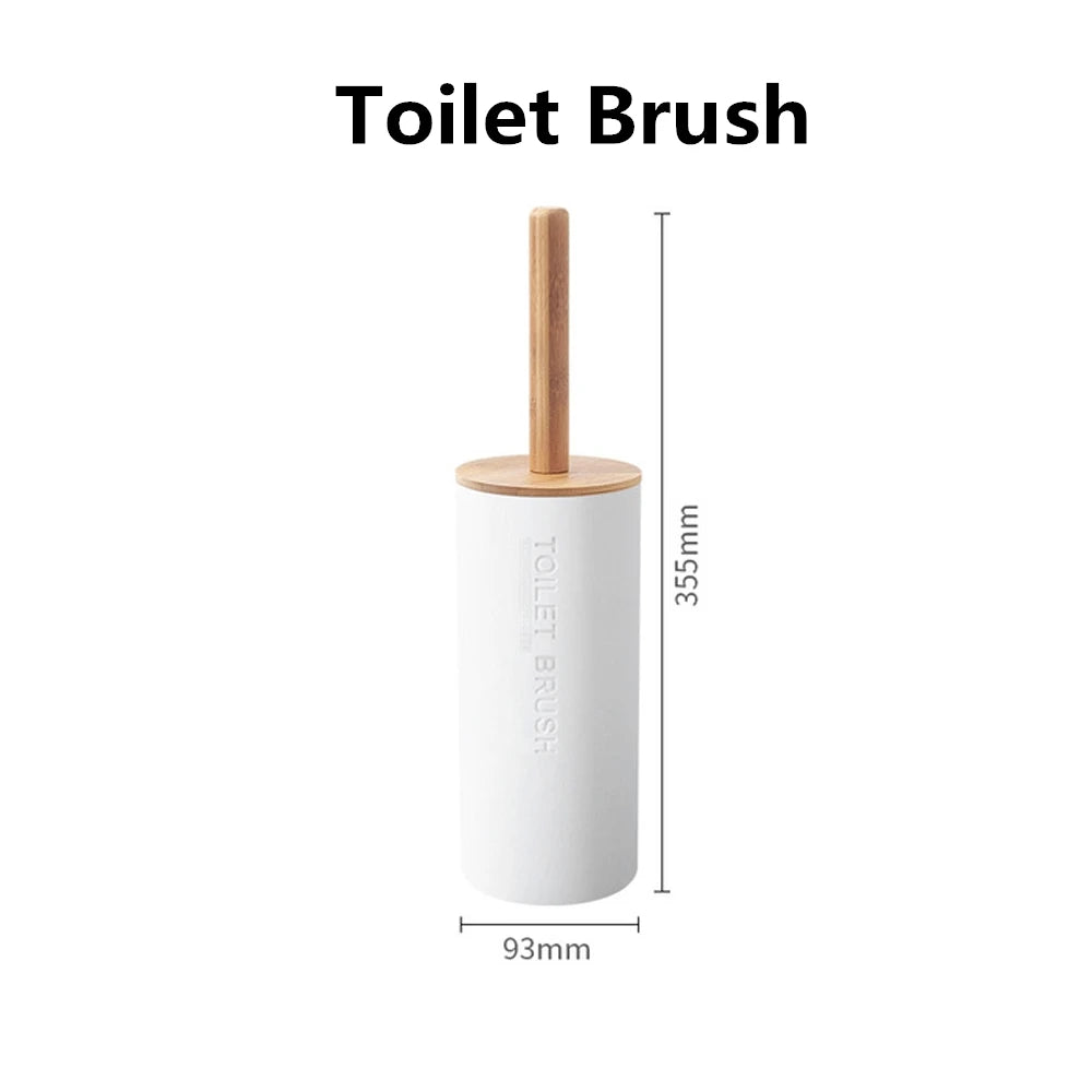 A white toilet brush with a wooden handle and bristles, shown vertically.
