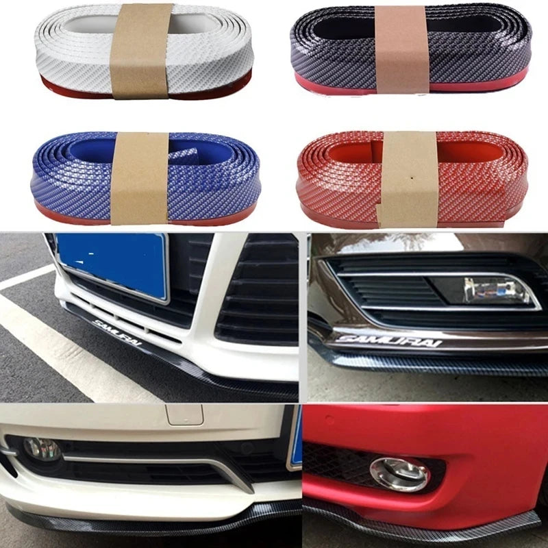 Various car front bumper lip protectors made of carbon fiber rubber for anti-collision protection.