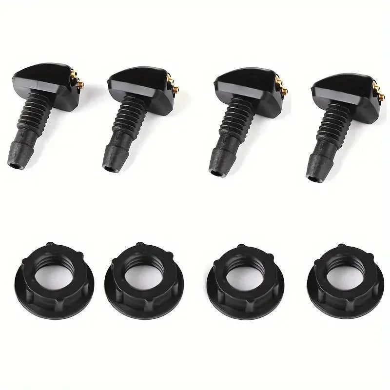 A set of black windshield washer hose connectors and mounting hardware.