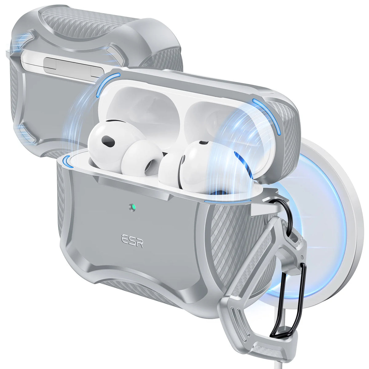 A silver and white case for AirPods Pro 3 earbuds with a magnetic lock and protective design.