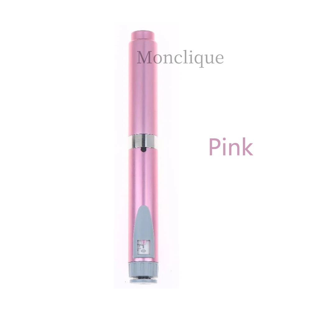 A pink Monclique reusable metal injection pen with a silver tip.